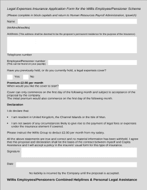 Legal Expenses Insurance Application Form for the Willis Employee/Pensioner Scheme