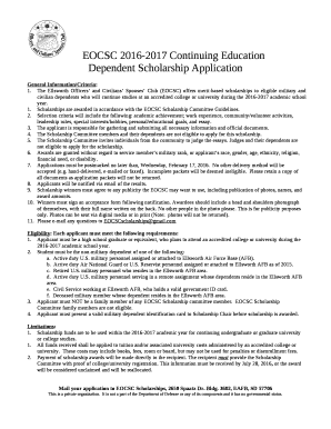 The Ellsworth Officers and Civilians Spouses Club (EOCSC) offers merit-based scholarships to eligible military and civilian dependents who will continue studies at an accredited college or university during the 2016-2017 academic school year