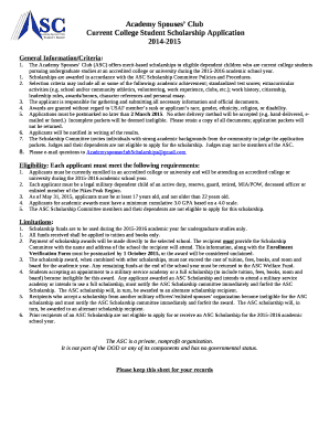 The Academy Spouses Club (ASC) offers merit-based scholarships to eligible dependent children who are current college students pursuing undergraduate studies at an accredited college or university during the 2015-2016 academic school year