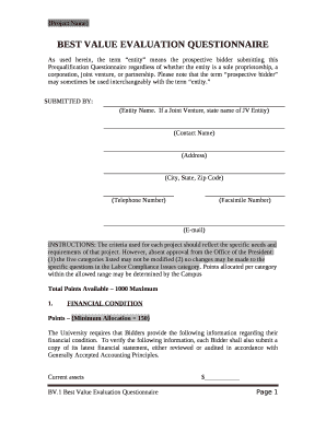 BEST VALUE EVALUATION QUESTIONNAIRE