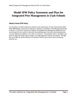 Model IPM Policy Statement and Plan for Integrated Pest Management in Utah Schools