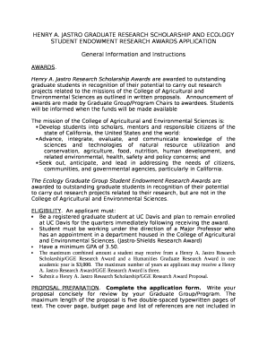 JASTRO GRADUATE RESEARCH SCHOLARSHIP AND ECOLOGY STUDENT ENDOWMENT RESEARCH AWARDS APPLICATION