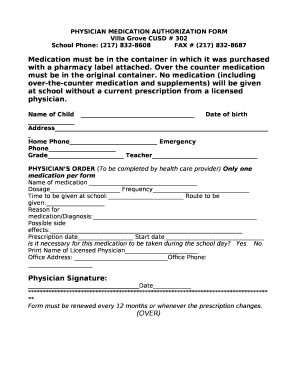 PHYSICIAN MEDICATION AUTHORIZATION FORM
