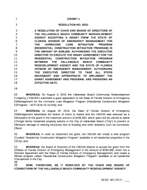 A Resolution of CHAIR AND BOARD OF DIRECTORS OF THE Hallandale Beach COMMUNITY REDEVELOPMENT AGENCY ACCEPTING a grant FROM the State of Florida Division of Emergency Management for the Hurricane Loss Mitigation Program (Residential