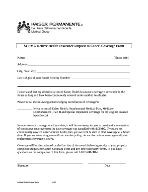 SCPMG Retiree Health Insurance Request to Cancel Coverage Form