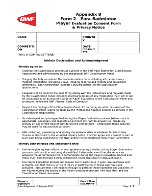 Form 2 - Para-Badminton Player Evaluation Consent Form & Privacy Notice