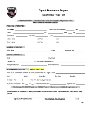Region I Player Profile Form