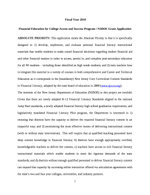 Financial Education for College Access and Success Program / NJDOE Grant Application