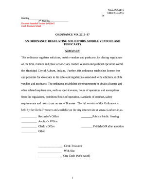 This ordinance regulates solicitors, mobile vendors and pushcarts, by placing regulations on the time, manner and place of solicitors, mobile vendors and pushcart operators within the Municipal City of Auburn, Indiana