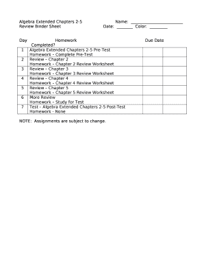 Algebra Extended Chapters 2-5Name: Review Binder SheetDate:Color: