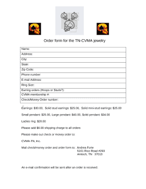 Order form for the TN-CVMA jewelry
