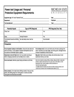 Power tool Usage andPersonal Protective Equipment Requirements