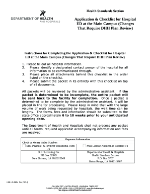 Instructions for Completing the Application & Checklist for Hospital ED at the Main Campus (Changes That Require DHH Plan Review)