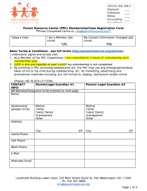 Parent Resource Center (PRC) Membership/Class Registration Form
