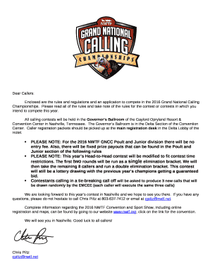 Enclosed are the rules and regulations and an application to compete in the 2016 Grand National Calling Championships