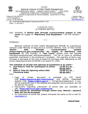 Sub:Invitation of Online bids through e-procurement system in Two Cover for supply of Machinery and Equipment for PHE Division Reg