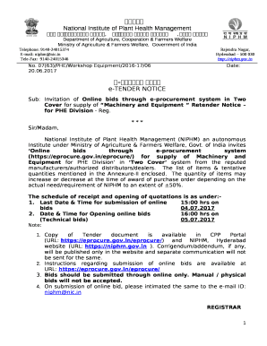 Sub:Invitation of Online bids through e-procurement system in Two Cover for supply of Machinery and Equipment Retender Notice for PHE Division - Reg