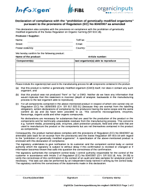 Declaration of compliance with the prohibition of genetically modified organisms pursuant to the provisions of Regulation (EC) No 834/2007 as amended