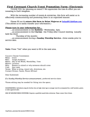 First Covenant Church Event Promotion Form--Electronic