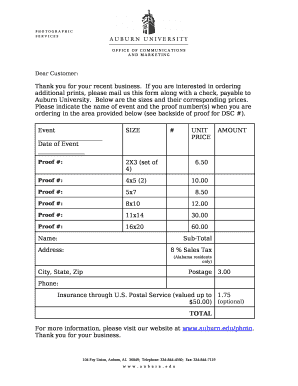 If you are interested in ordering additional prints, please mail us this form along with a check, payable to Auburn University