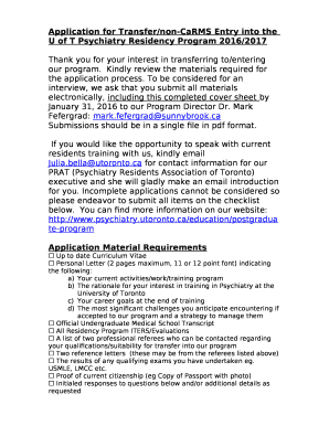 Application for Transfer/non-CaRMS Entry into the U of T Psychiatry Residency Program 2016/2017