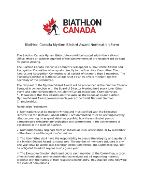 The Biathlon Canada Myriam Bdard Award will be located within the National Office, where an acknowledgment of the achievements of the recipient will be kept for public viewing
