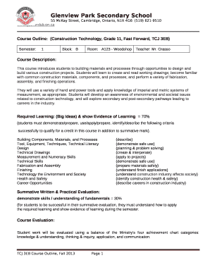 Course Outline:(Construction Technology, Grade 11, Fast Forward, TCJ 3EB)