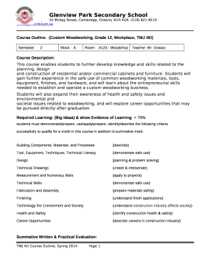 Course Outline:(Custom Woodworking, Grade 12, Workplace, TWJ 4EI)