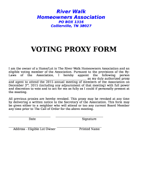 I am the owner of a Home/Lot in The River Walk Homeowners Association and an eligible voting member of the Association