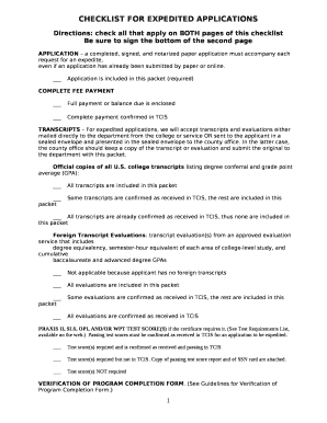 CHECKLIST FOR EXPEDITED APPLICATIONS
