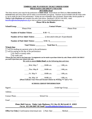 TIMBER LAKE PLAYHOUSE TICKET ORDER FORM