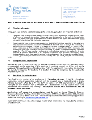 APPLICATION REQUIREMENTS FOR A RESEARCH STUDENTSHIP (October 2015)