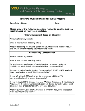 Veterans Questionnaire for WIPA Projects
