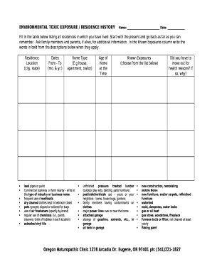 ENVIRONMENTAL TOXIC EXPOSURE / RESIDENCE HISTORYName: Date: