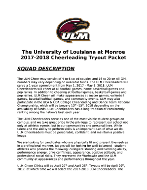 The ULM Cheer may consist of 4 to 6 co-ed couples and 16 to 20 on All-Girl, numbers may vary depending on available funds