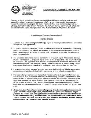 Applicants for a track license must provide the following information, in the specified format to the Michigan Gaming Control Board, Office of the Executive Director, Horse Racing Section, 3062 W