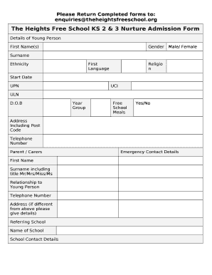 The Heights Free School KS 2 & 3 Nurture Admission Form