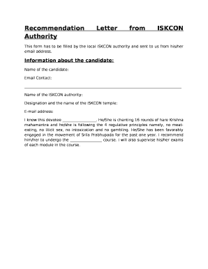 Recommendation Letter from ISKCON Authority