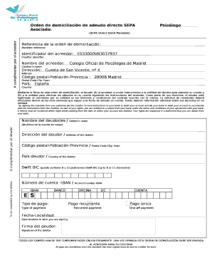 Orden de domiciliacin de adeudo directo SEPAPsiclogo Asociado: