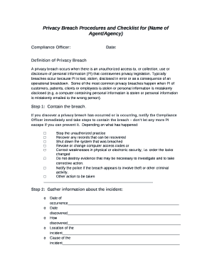 Privacy Breach Procedures and Checklist for (Name of Agent/Agency)