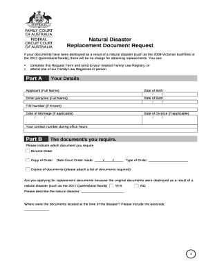 If your documents have been destroyed as a result of a natural disaster (such as the 2009 Victorian bushfires or the 2011 Queensland floods), there will be no charge for obtaining replacements