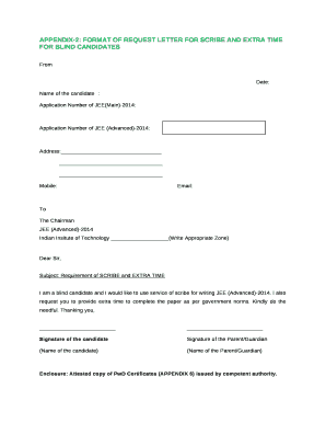 APPENDIX-2: FORMAT OF REQUEST LETTER FOR SCRIBE AND EXTRA TIME FOR BLIND CANDIDATES