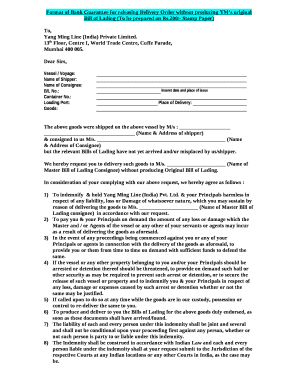 Format of Bank Guarantee for releasing Delivery Order without producing YMs original Bill of Lading (To be prepared on Rs