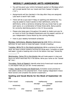 WEEKLY LANGUAGE ARTS HOMEWORK