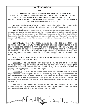 STATEMENT EXPRESSING OFFICIAL INTENT TO REIMBURSE EXPENDITURES WITH PROCEEDS OF FUTURE DEBT FOR THE PROCESS EVALUATION AND CONCEPTUAL DESIGN STUDY FOR CAPITAL IMPROVEMETNS TO THE THICKENER PROCESSES AT THE VILLAGE CREEK WATER RECLAMATION