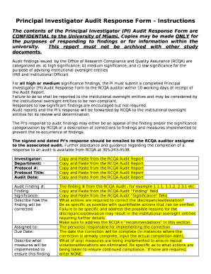 Principal Investigator Audit Response Form Instructions