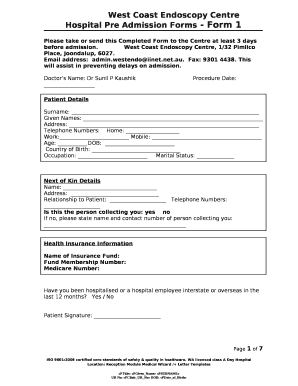 Hospital Pre Admission Forms - Form 1