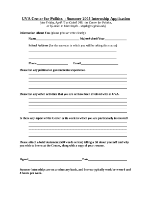 UVA Center for Politics- Summer 2004 Internship Application