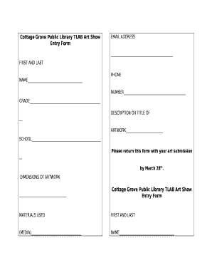 Cottage Grove Public Library TLAB Art Show Entry Form