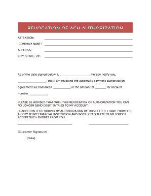 As of the date signed below, I, , hereby notify you, , that I am revoking the automatic payment authorization agreement we had dated in the amount of for account number